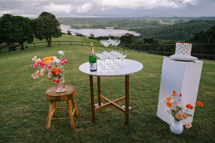 wedding table setup with champagne tower at Lakehouse Folk