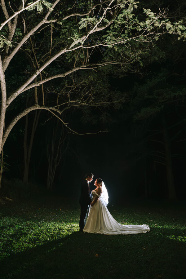 couples intimate wedding photography at night at Bundaleer Rainforest Gardens
