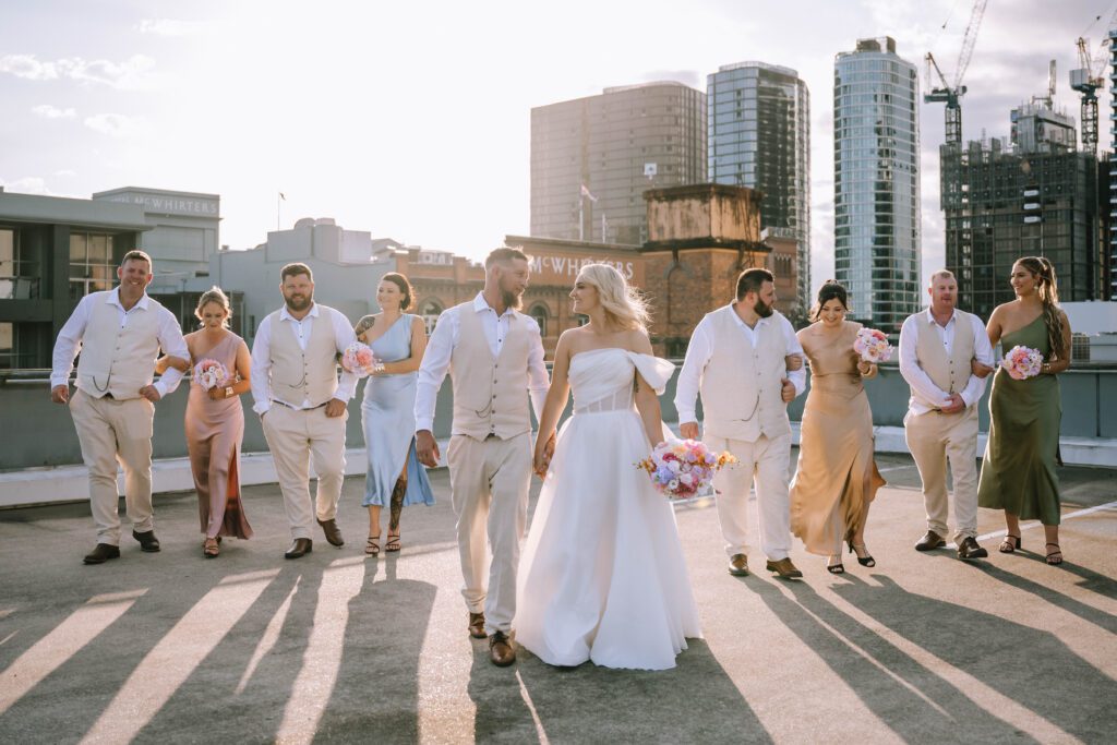 bridal party photography on rooftop in brisbane