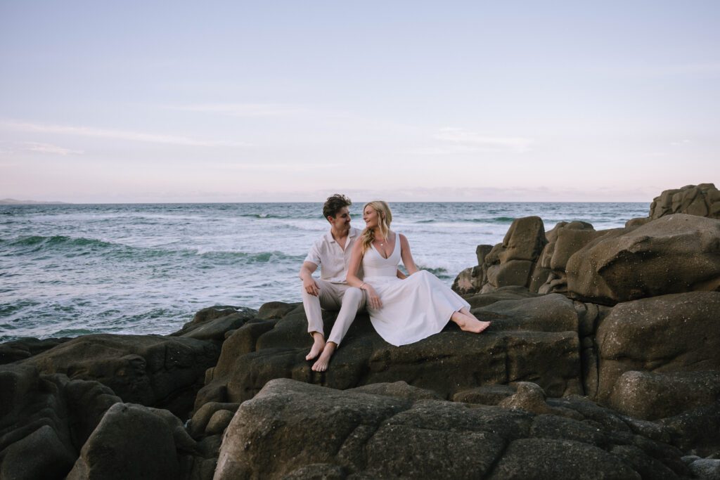 Romantic coastal engagement photos at Coolum Beach, sunshine coast