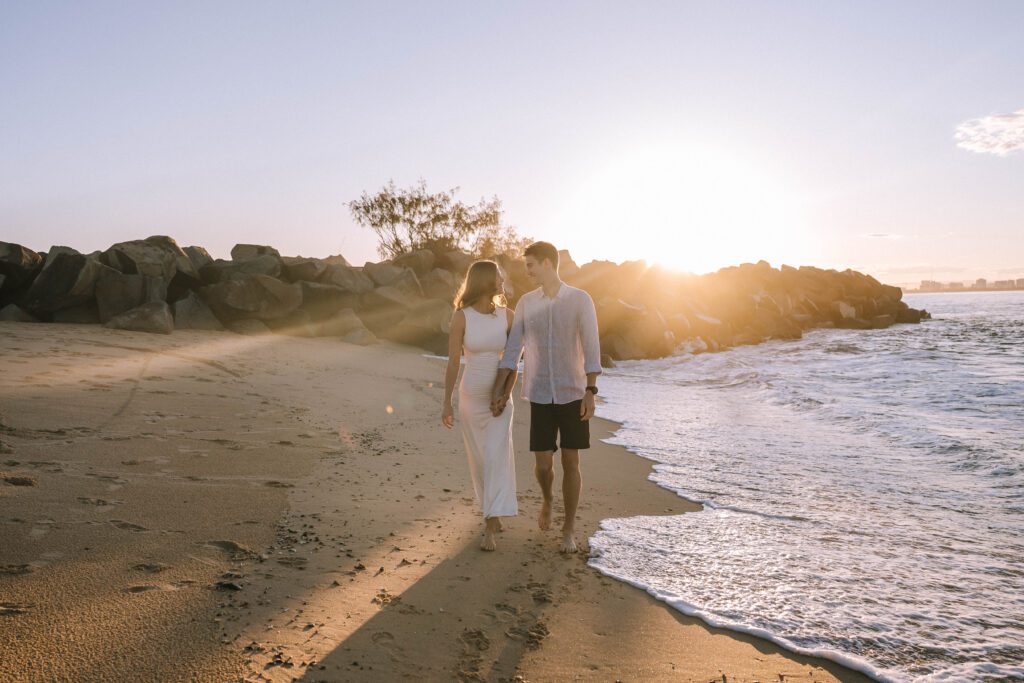 Golden hour engagement portraits at point cartwright on the sunshine coast