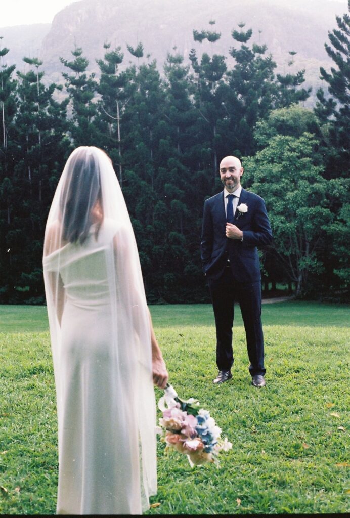 couples first look before wedding ceremony captured on 35mm film format in brisbane