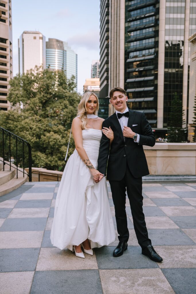 traditional style shot of couple after intimate elopement ceremony at brisbane registry office