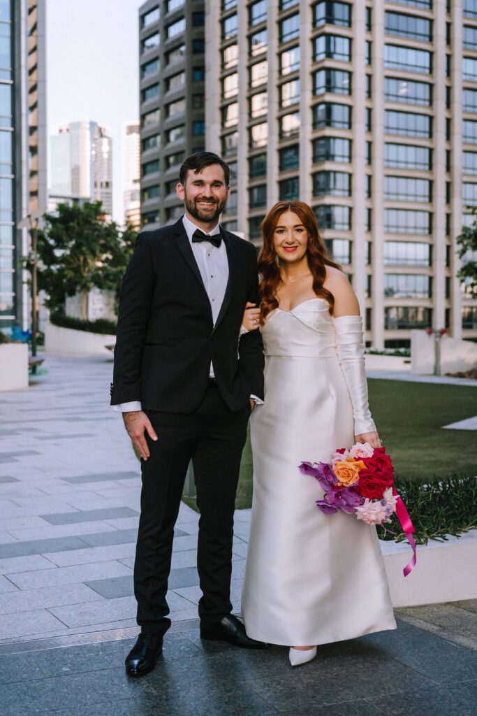 couples portrait session in the brisbane cbd after wedding ceremony