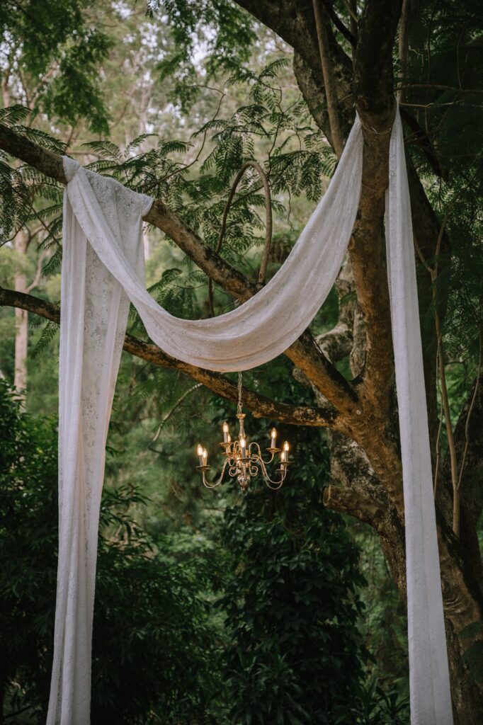 drapery wedding decor at bundaleer forest outdoor ceremony