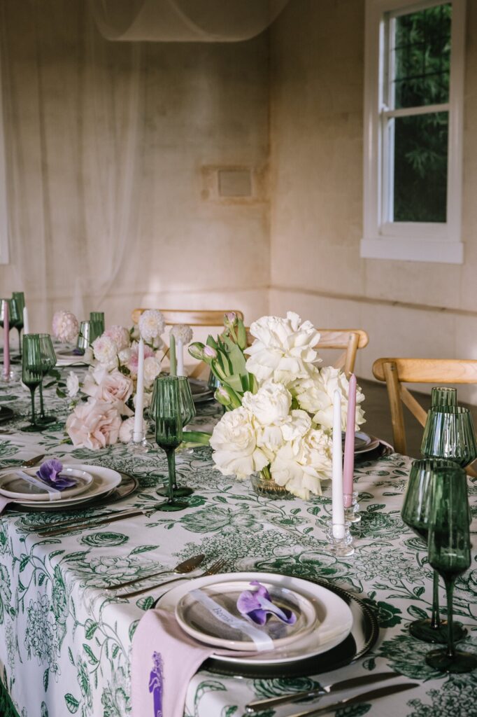 lilac and green wedding reception table styling at goodwater ridge wedding venue