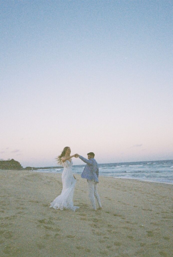 35mm Film Photograph example of couple beach engagement shoot in brisbane