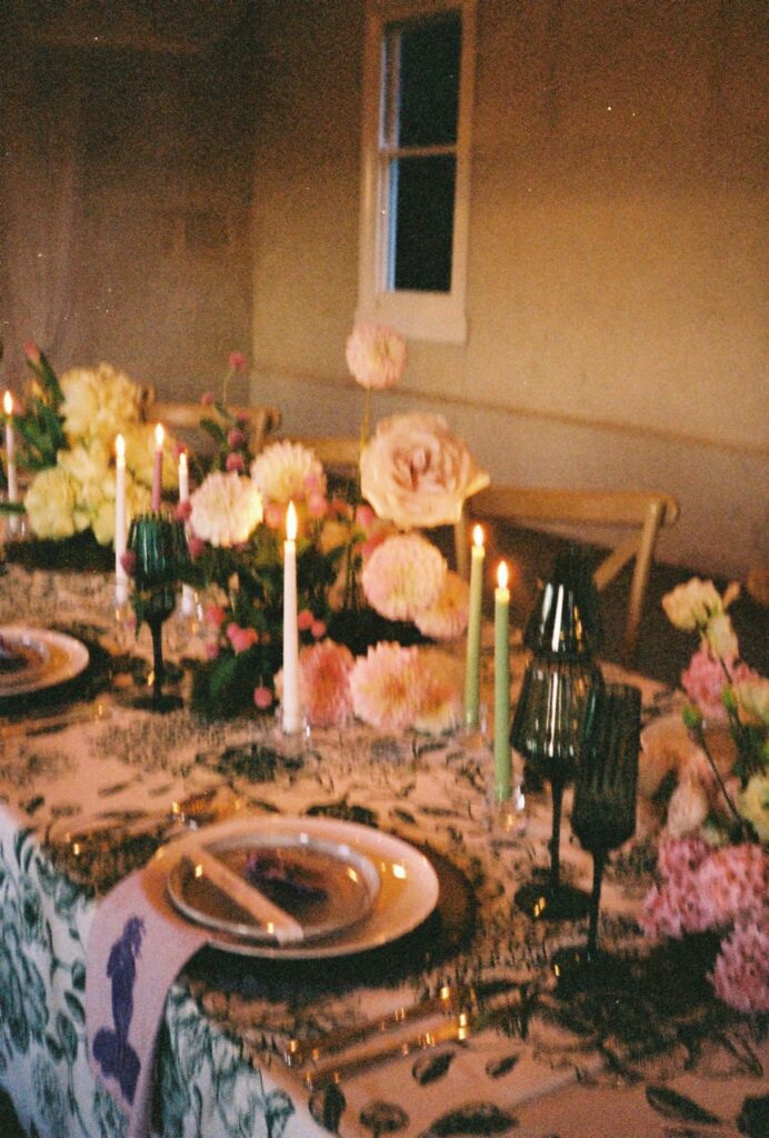 wedding reception table styling at the gabbinar wedding venue on 35mm film 