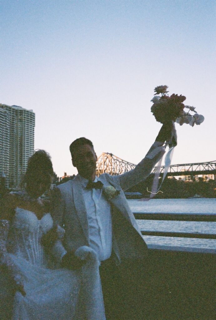 couple portraits after sunshine coast wedding ceremony candid capture on 35mm film 