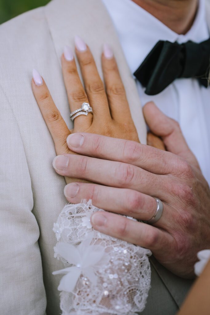 close up of bride and groom's wedding rings