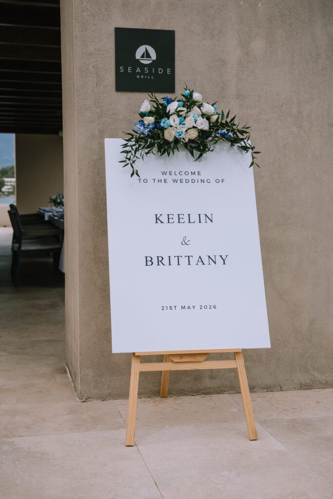 welcome sign for wedding reception at seaside grill restaurant at Hyatt Ziva Corfu in Gouvia, Greece